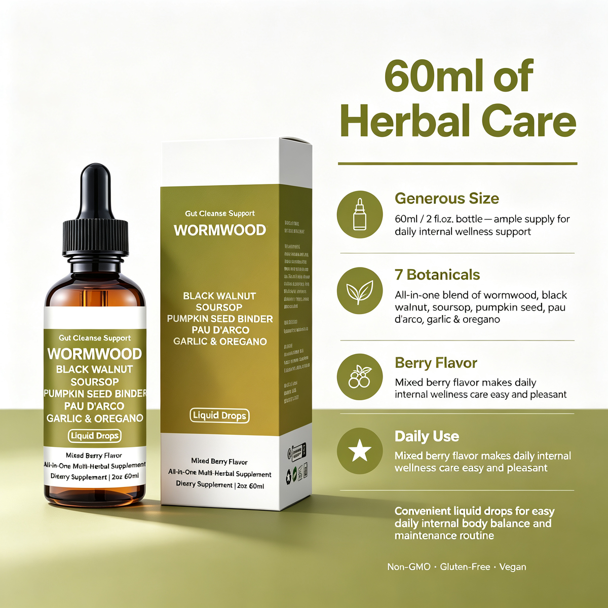 60ml Wormwood Herbal Dietary Supplement Liquid Drops, Natural Herbal Wellness Tincture for Daily Internal Body Balance & Regular Body Maintenance Support Drops