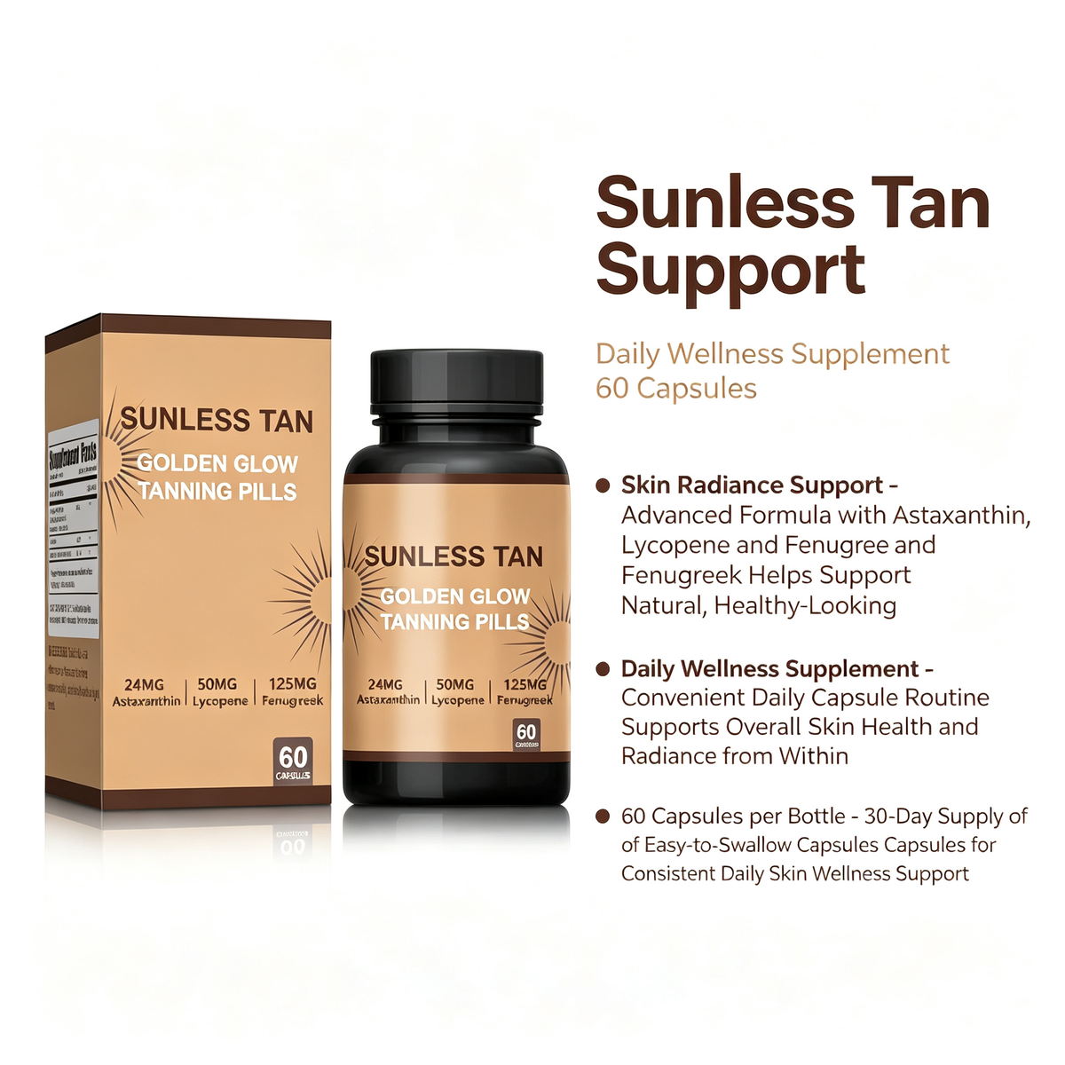 Sunless Tan Support Capsules, 60 Capsules, Daily Wellness Supplement for Skin Radiance Support