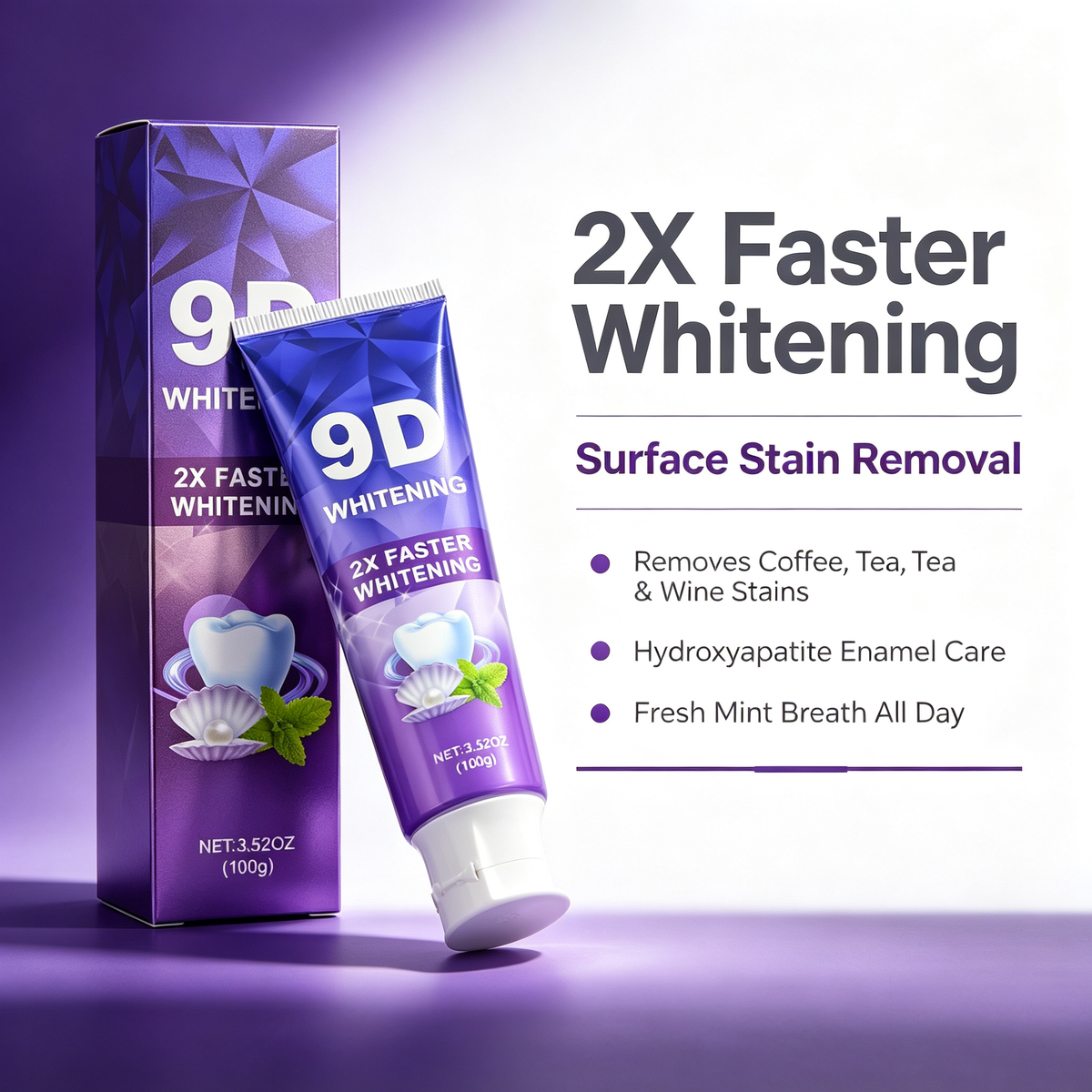 9D Teeth Brightening Toothpaste 100ml, Daily Oral Care Toothpaste for Surface Stain Removal & Enamel Care