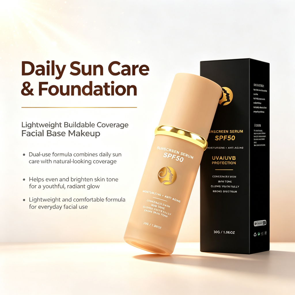 Daily Sunscreen Liquid Foundation 30g, Dual Use Sun Protection & Buildable Coverage Facial Base Makeup Oil Control Long Wear Sweat Resistant Foundation