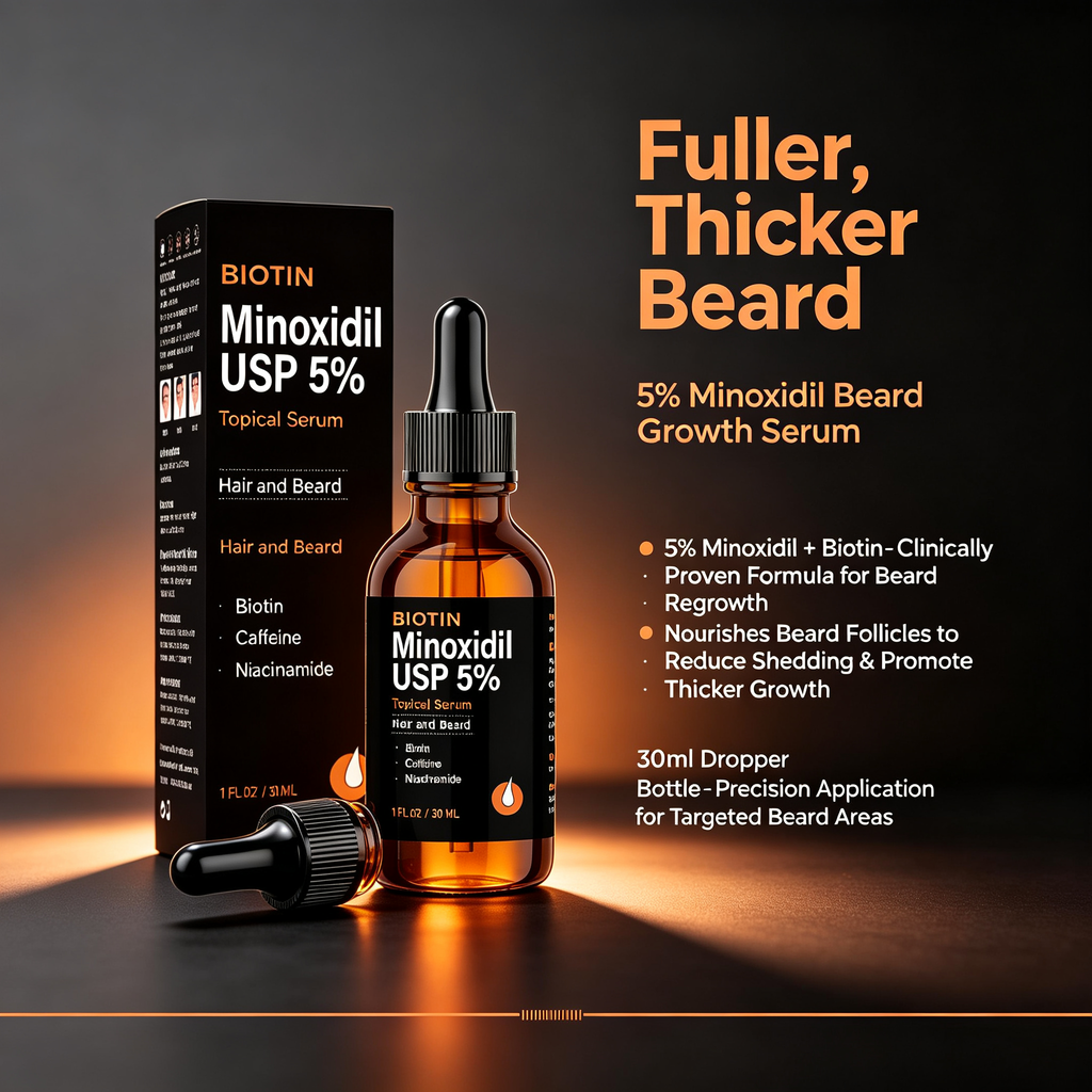 5% Beard Growth Serum 30ml, Biotin Infused Topical Essence for Beard Follicle Nourishing & Reducing Beard Shedding