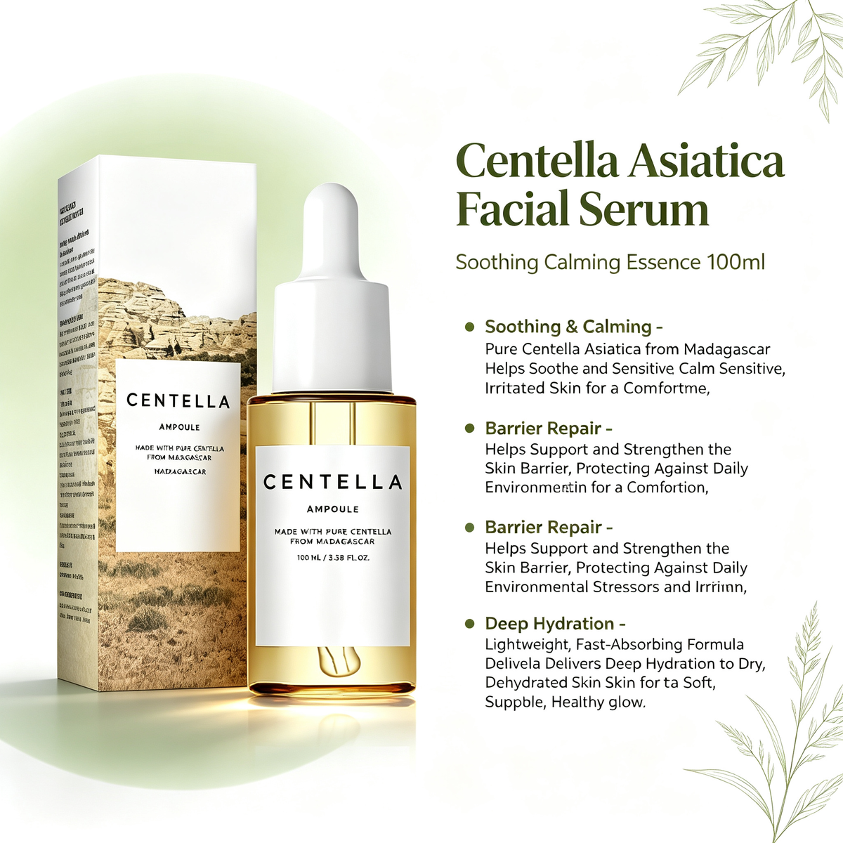 Centella Asiatica Facial Serum 100ml, Soothing Calming Skin Care Essence for Sensitive Irritated Skin & Daily Barrier Repair Maintenance
