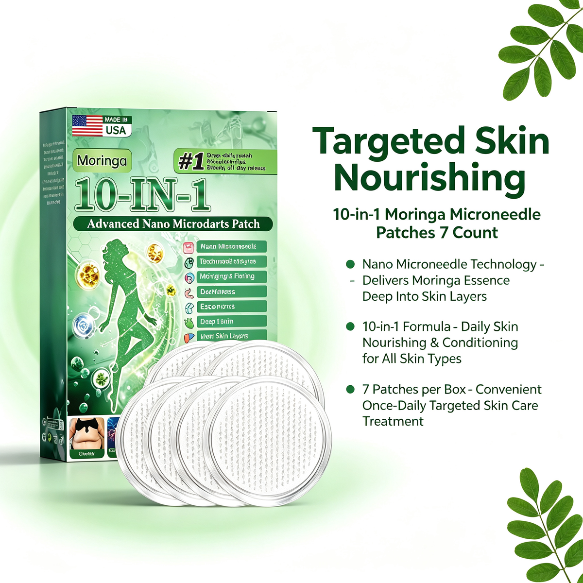 10-in-1 Moringa Infused Nano Microneedle Patches 7 Count, Targeted Skin Care Micro Needle Patches for Daily Skin Nourishing & Conditioning