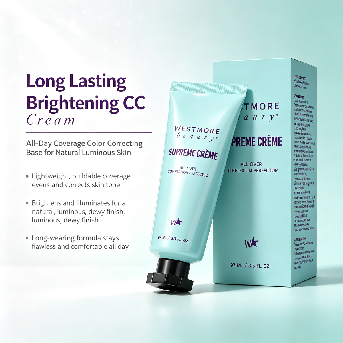 Long Lasting Brightening CC Concealer Cream 97ml, Lightweight All-Day Coverage Color Correcting Base Makeup for Natural Luminous Skin Tone Daily Face Makeup