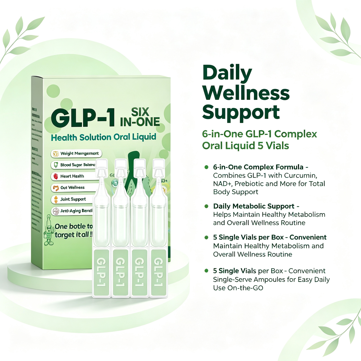 6-in-One GLP-1 Complex Oral Liquid 5 Single Vials, Daily Wellness Support Oral Supplement Liquid for Body Metabolic & Overall Health Maintenance