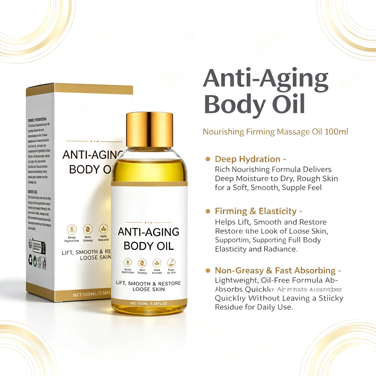 Anti-Aging Nourishing Body Oil 100ml, Deep Hydrating Firming Massage Oil for Dry Skin & Full Body Elasticity Daily Skin Maintenance