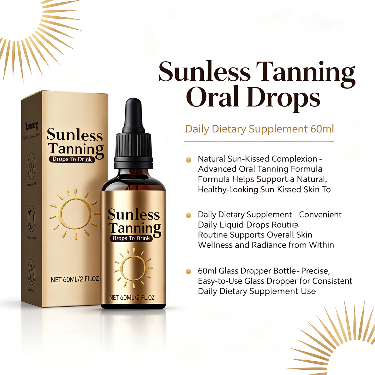 Sunless Tanning Oral Drops, Support Natural‑Looking Sun‑Kissed Complexion, Daily Dietary Tanning Supplement Liquid 60ml