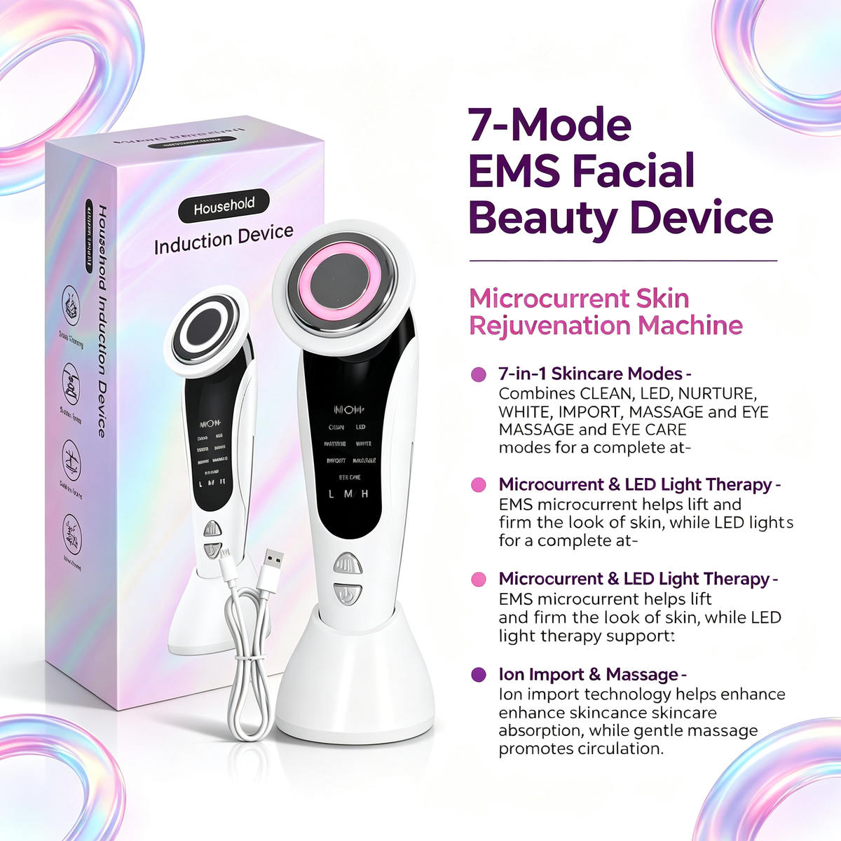 7‑Mode EMS Facial Beauty Device, Microcurrent Skin Rejuvenation Machine, LED Light Therapy Ion Import Massager for Face Skin Care