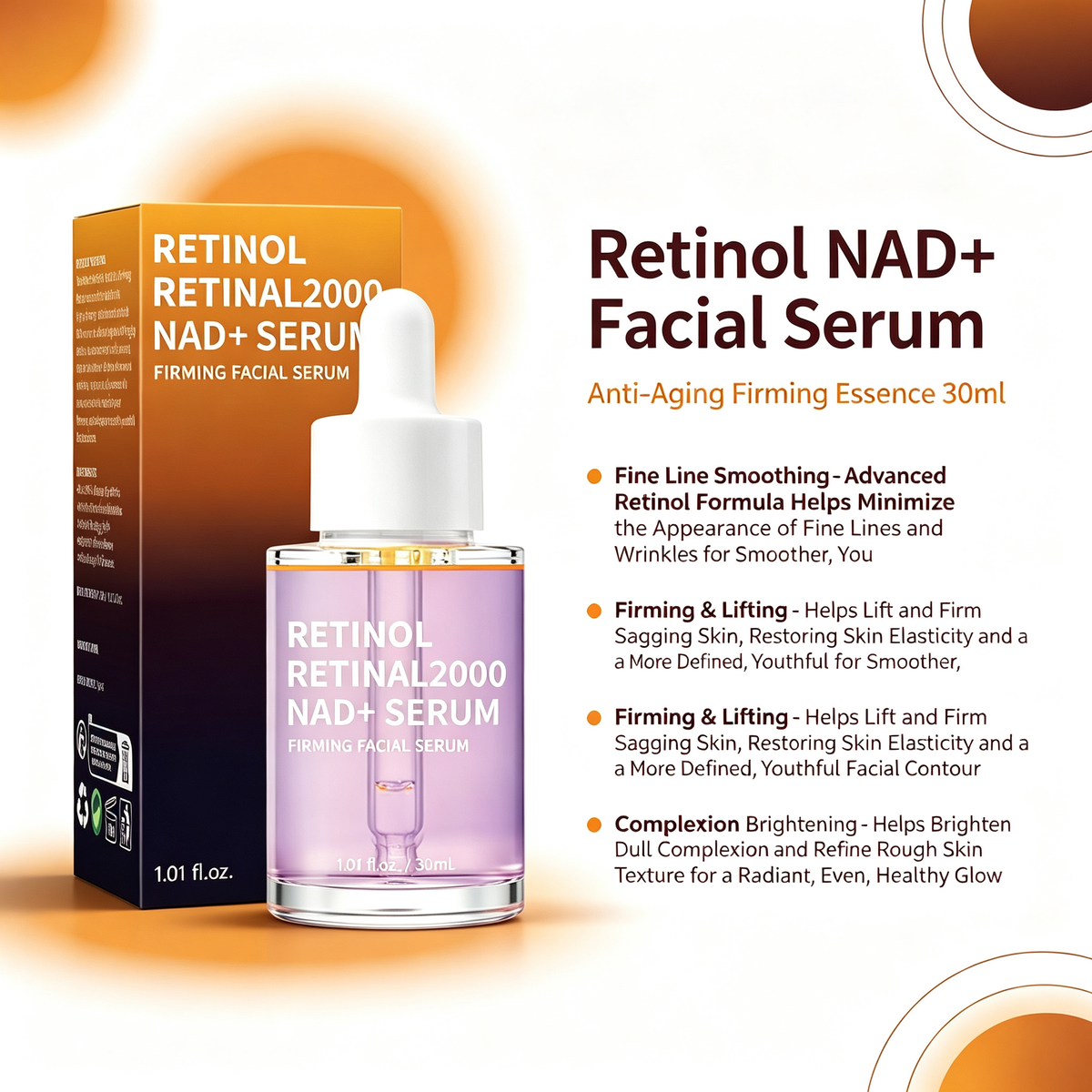 Retinol NAD+ Facial Serum 30ml, Anti-Aging Firming Fine Line Smoothing Facial Essence for Daily Skin Elasticity & Complexion Maintenance