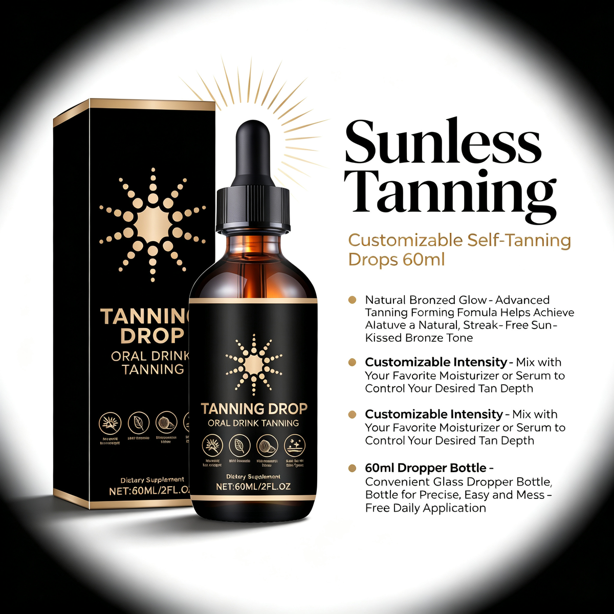 Sunless Tanning Drops 60ml, Customizable Self-Tanning Drops for Natural Bronzed Glow, Mixable Tanning Serum for Face & Body