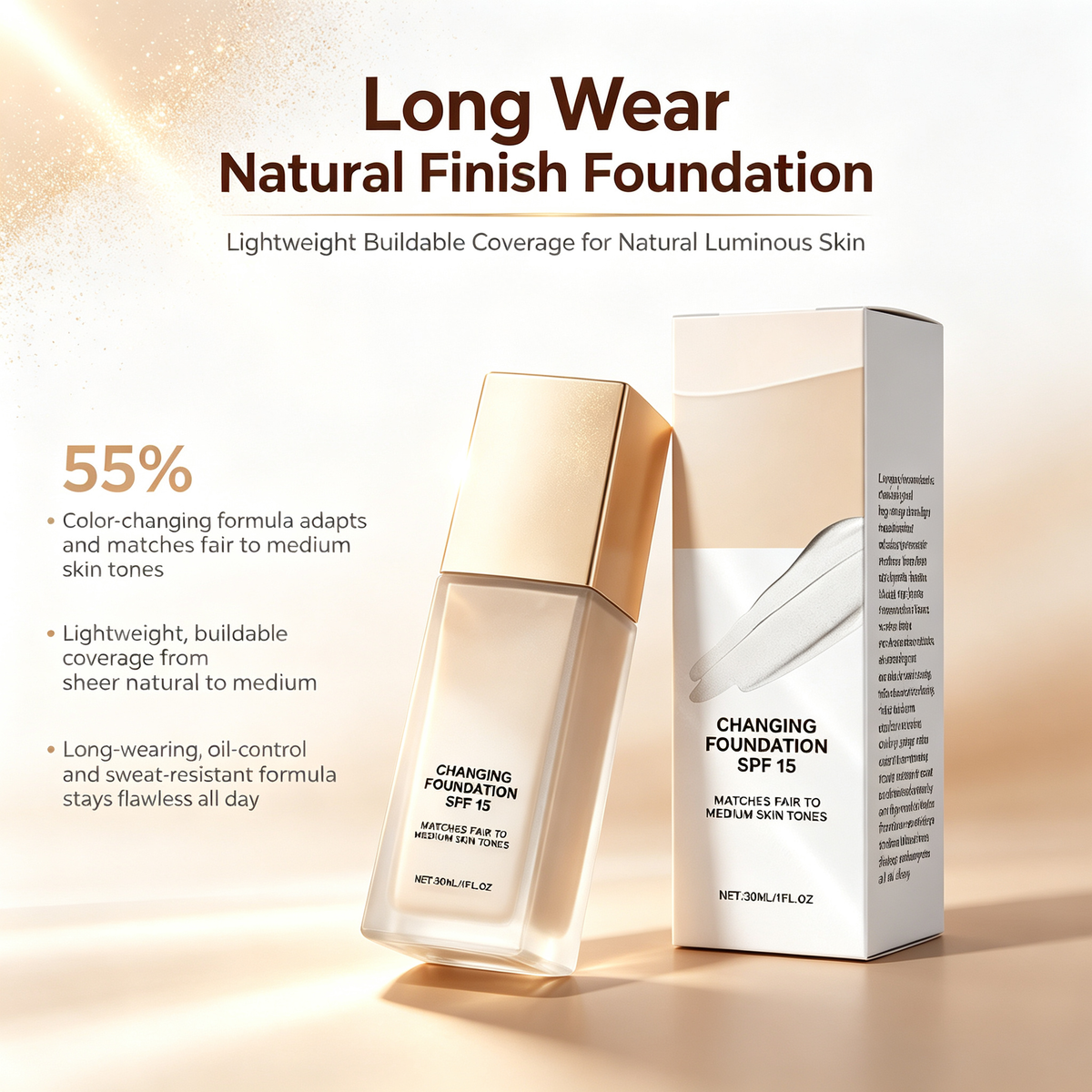 Long Wear Natural Finish Liquid Foundation 30ml, Lightweight Buildable Coverage Facial Base Makeup Oil Control Sweat Resistant Daily Face Foundation