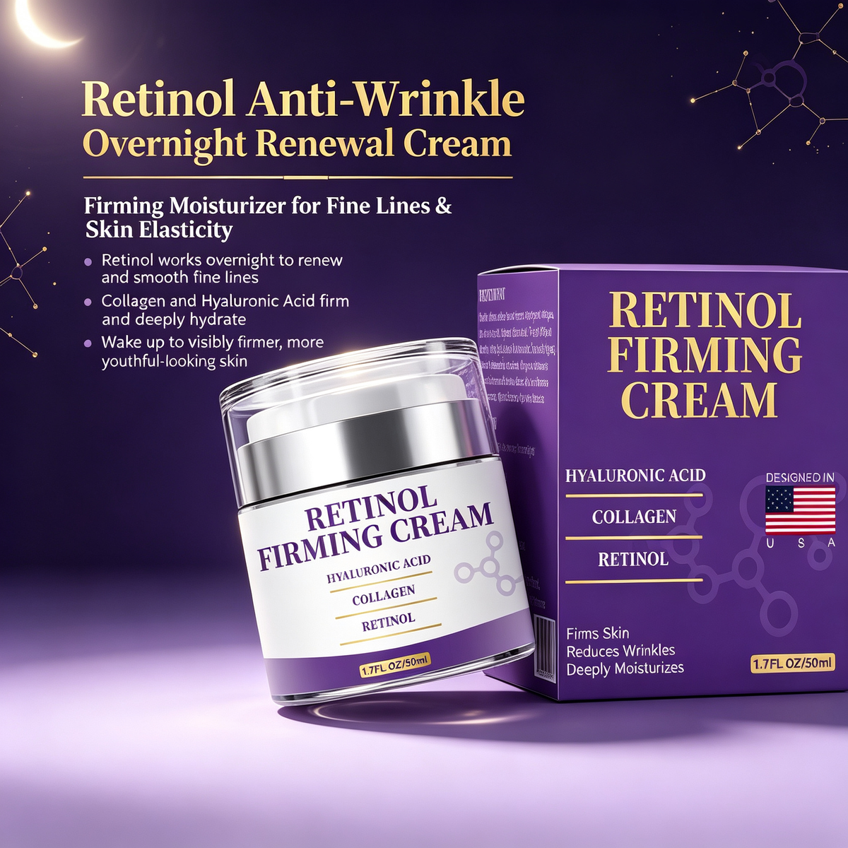 Retinol Anti-Wrinkle Firming Facial Cream 50ml, Overnight Skin Renewal Moisturizer for Fine Lines & Skin Elasticity Daily Anti-Aging Facial Care