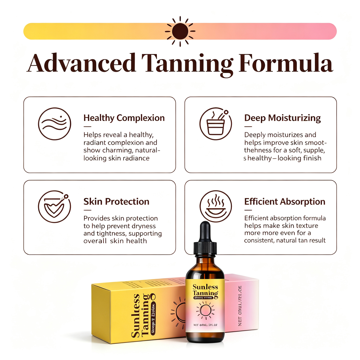 Sunless Self Tanning Drops 60ml, Mixable Bronzing Serum for Natural Sun-Kissed Glow, Face & Body