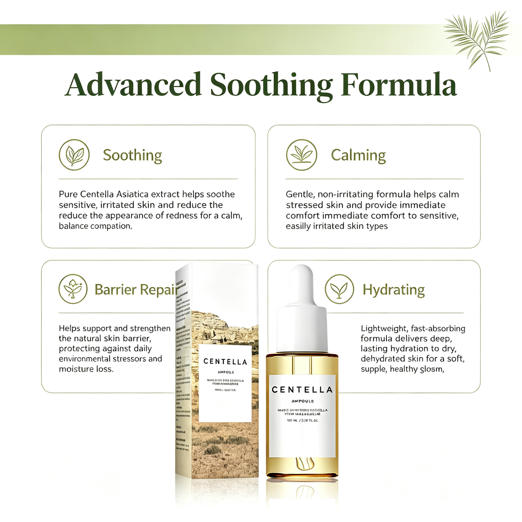 Centella Asiatica Facial Serum 100ml, Soothing Calming Skin Care Essence for Sensitive Irritated Skin & Daily Barrier Repair Maintenance