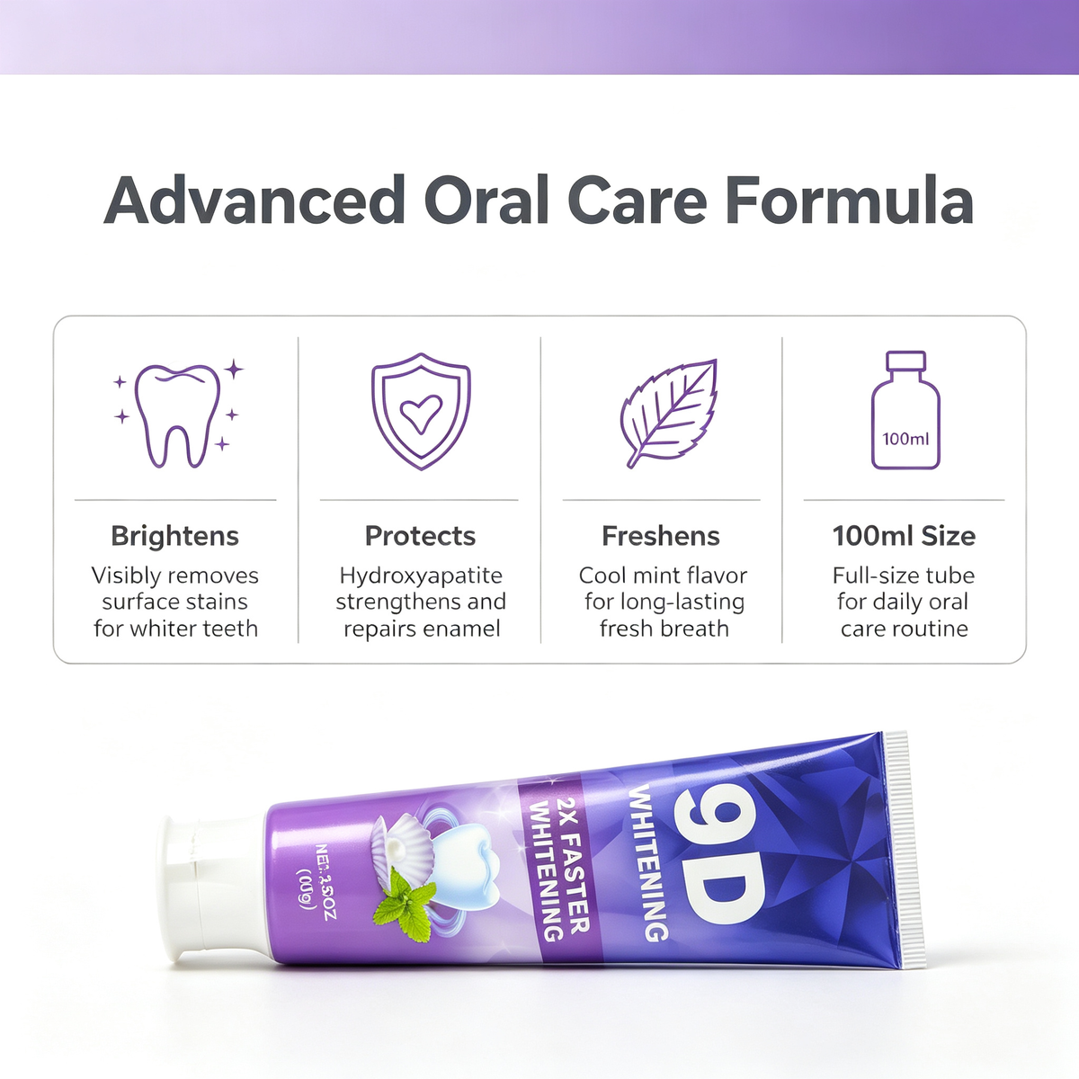 9D Teeth Brightening Toothpaste 100ml, Daily Oral Care Toothpaste for Surface Stain Removal & Enamel Care