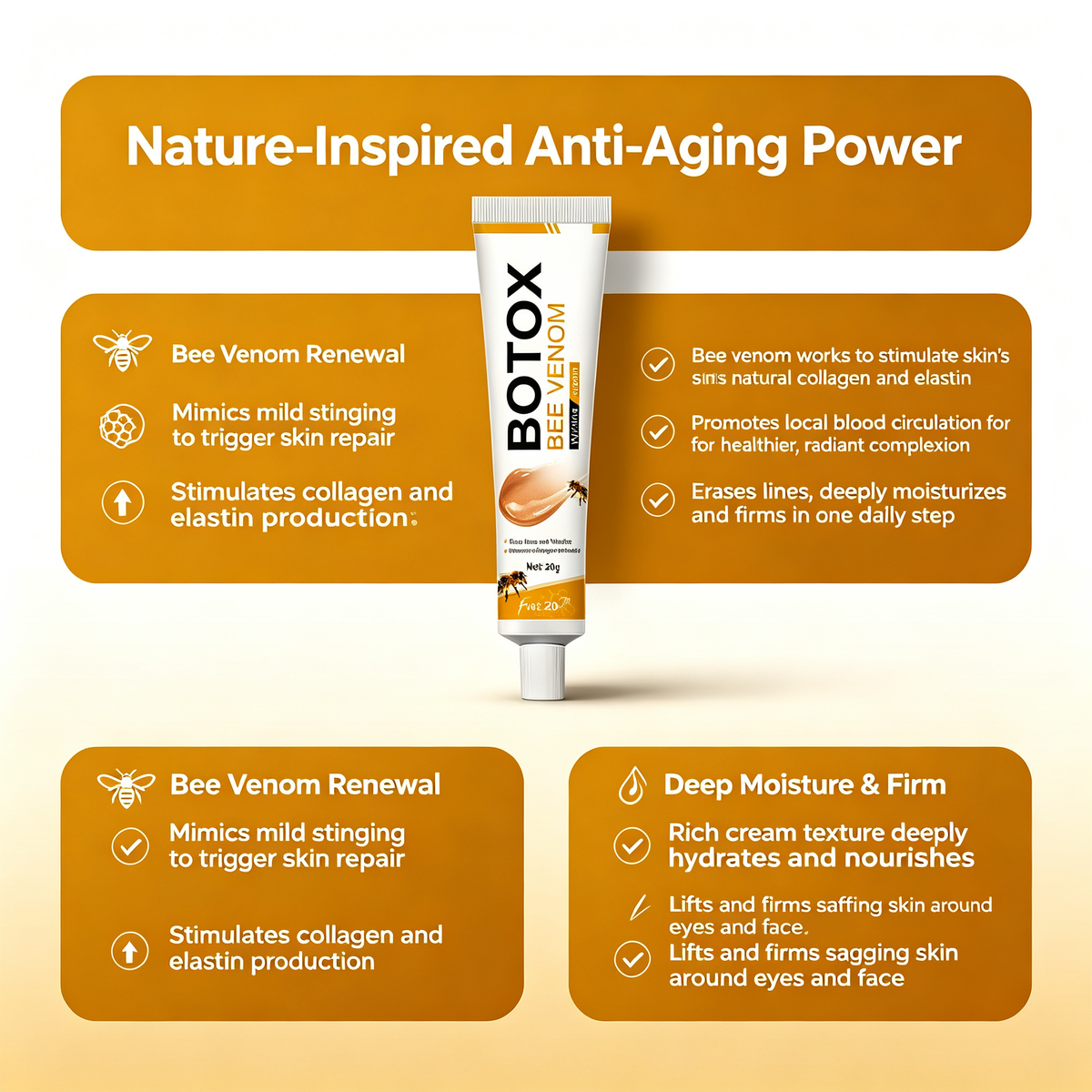 Bee Venom Anti-Wrinkle Facial Cream 20g, Firming Lifting Essence Cream for Fine Lines Crow’s Feet & Skin Elasticity Daily Anti-Aging Facial Care