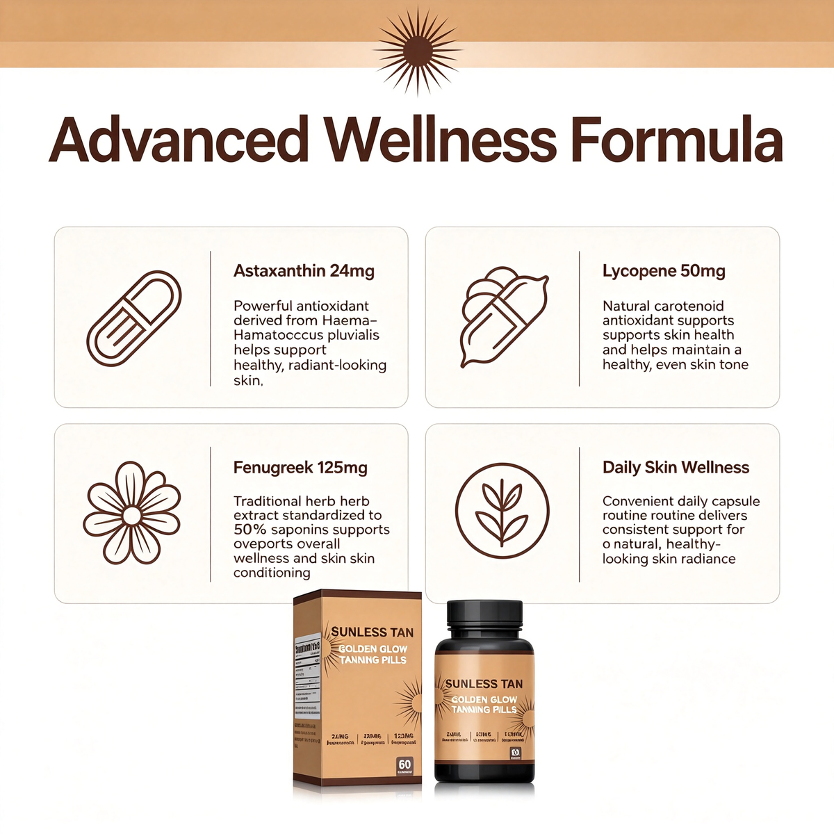 Sunless Tan Support Capsules, 60 Capsules, Daily Wellness Supplement for Skin Radiance Support