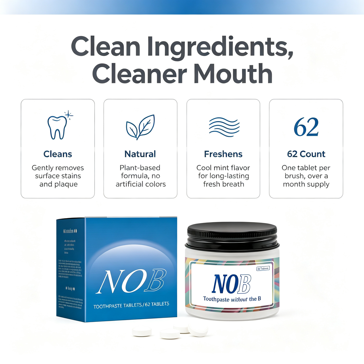 Chewable Toothpaste Tablets 62 Count, Portable Solid Oral Cleaning Tablets for Daily Teeth Care & Fresh Breath