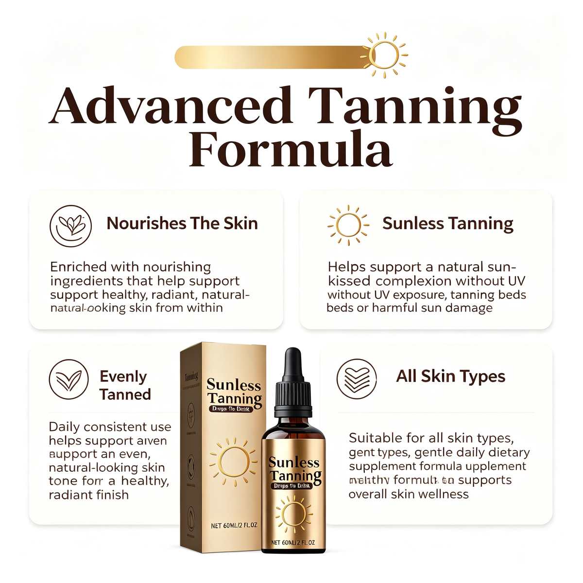 Sunless Tanning Oral Drops, Support Natural‑Looking Sun‑Kissed Complexion, Daily Dietary Tanning Supplement Liquid 60ml