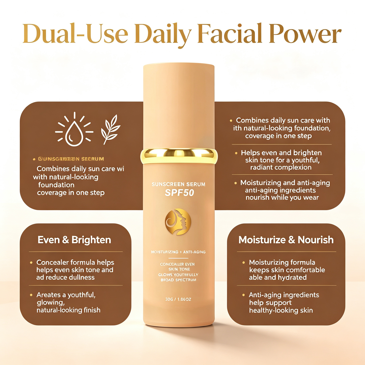 Daily Sunscreen Liquid Foundation 30g, Dual Use Sun Protection & Buildable Coverage Facial Base Makeup Oil Control Long Wear Sweat Resistant Foundation