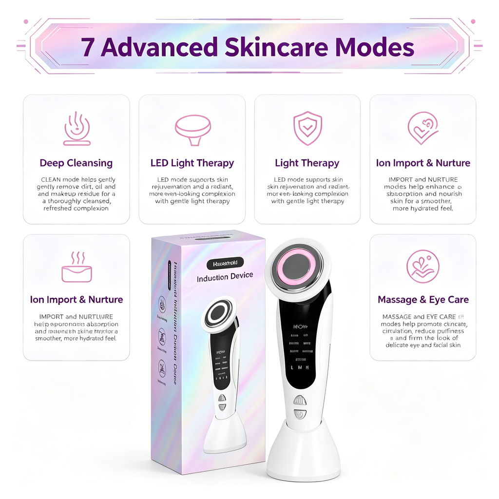 7‑Mode EMS Facial Beauty Device, Microcurrent Skin Rejuvenation Machine, LED Light Therapy Ion Import Massager for Face Skin Care