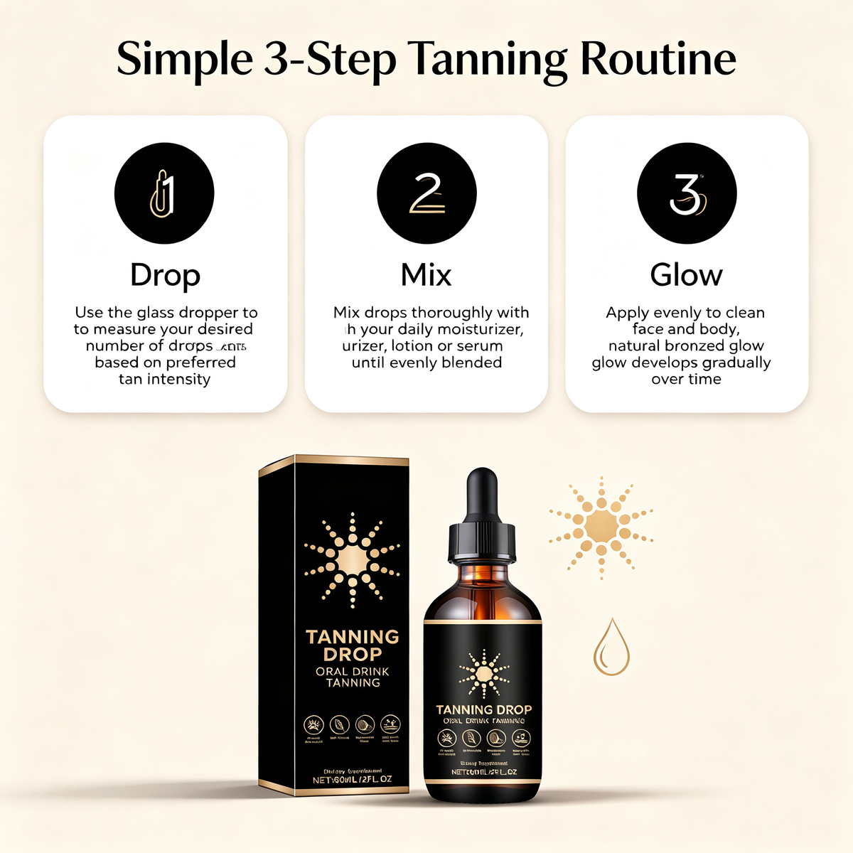 Sunless Tanning Drops 60ml, Customizable Self-Tanning Drops for Natural Bronzed Glow, Mixable Tanning Serum for Face & Body