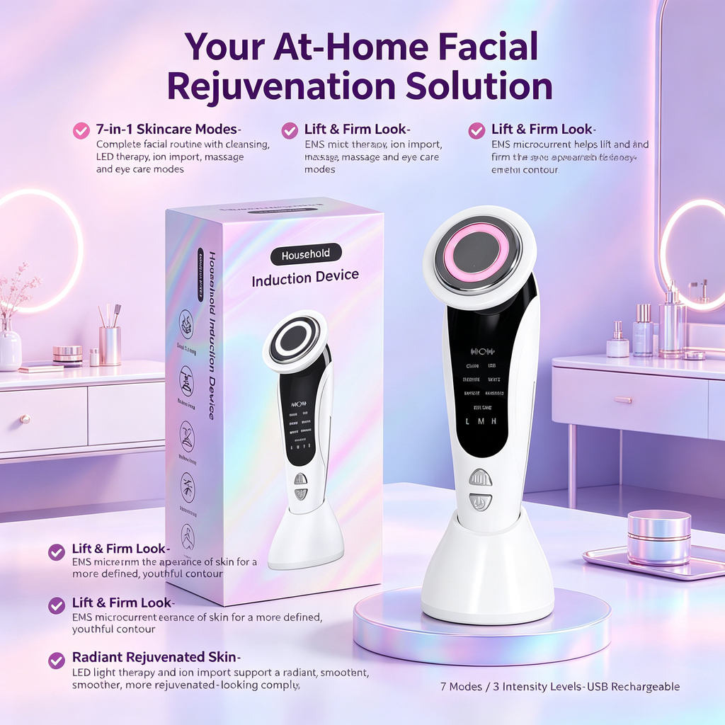 7‑Mode EMS Facial Beauty Device, Microcurrent Skin Rejuvenation Machine, LED Light Therapy Ion Import Massager for Face Skin Care