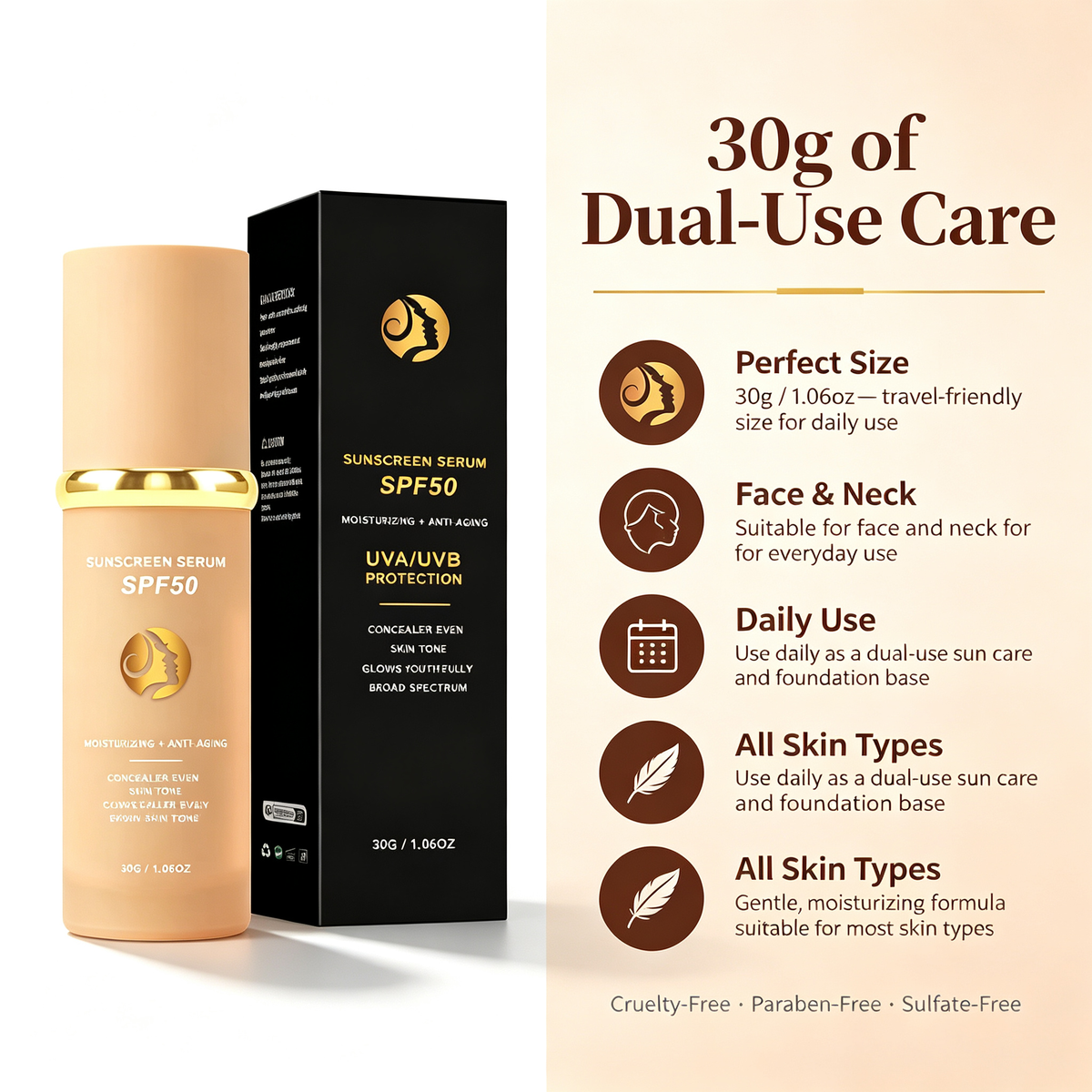 Daily Sunscreen Liquid Foundation 30g, Dual Use Sun Protection & Buildable Coverage Facial Base Makeup Oil Control Long Wear Sweat Resistant Foundation