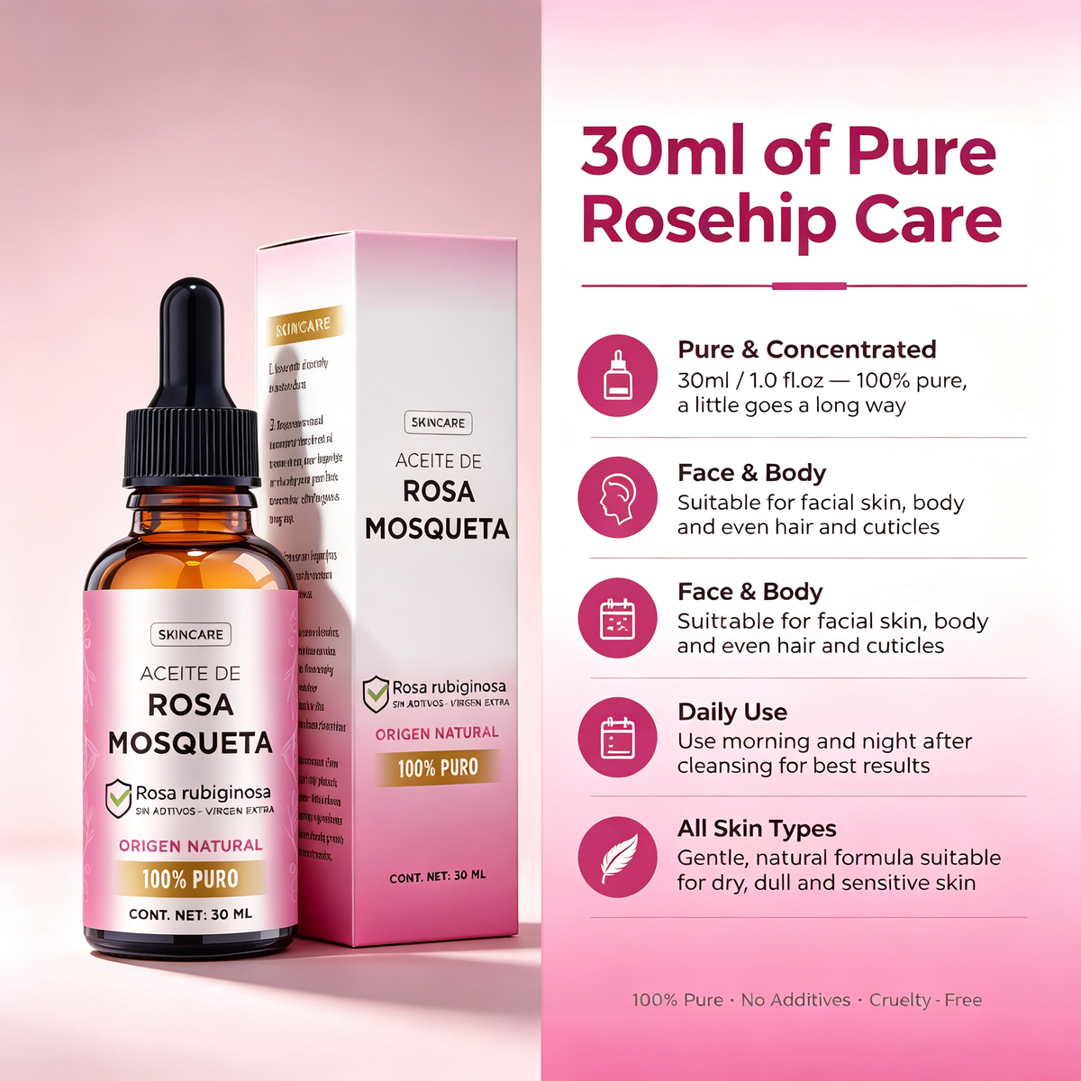 Rosehip Facial Skin Care Oil 30ml, Deep Hydrating Barrier Repair Facial Essence Oil for Dry Dull Skin & Fine Lines Daily Skin Conditioning