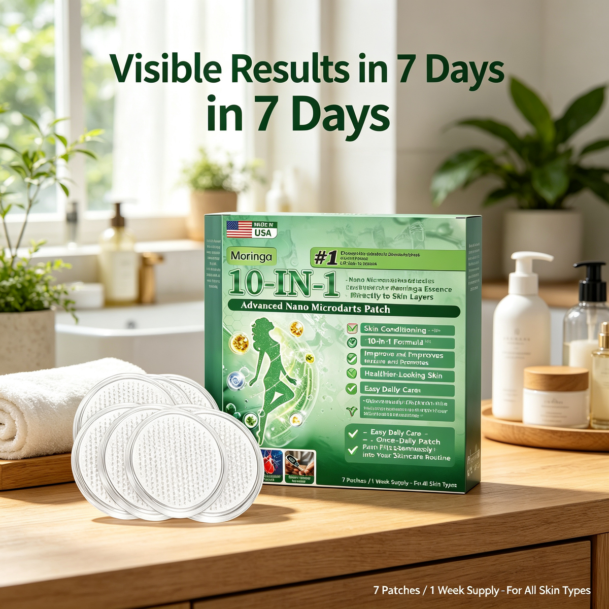 10-in-1 Moringa Infused Nano Microneedle Patches 7 Count, Targeted Skin Care Micro Needle Patches for Daily Skin Nourishing & Conditioning