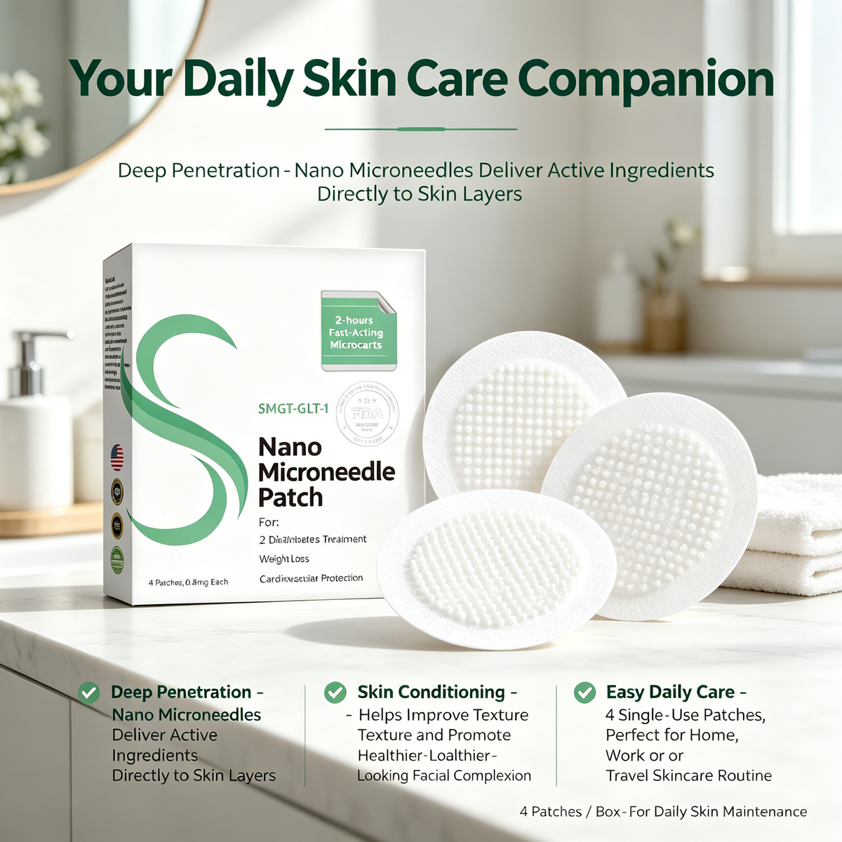 Nano Microneedle Skin Care Patches 4 Count, Targeted Deep Penetration Facial Skin Conditioning Micro Needle Patches for Daily Skin Maintenance