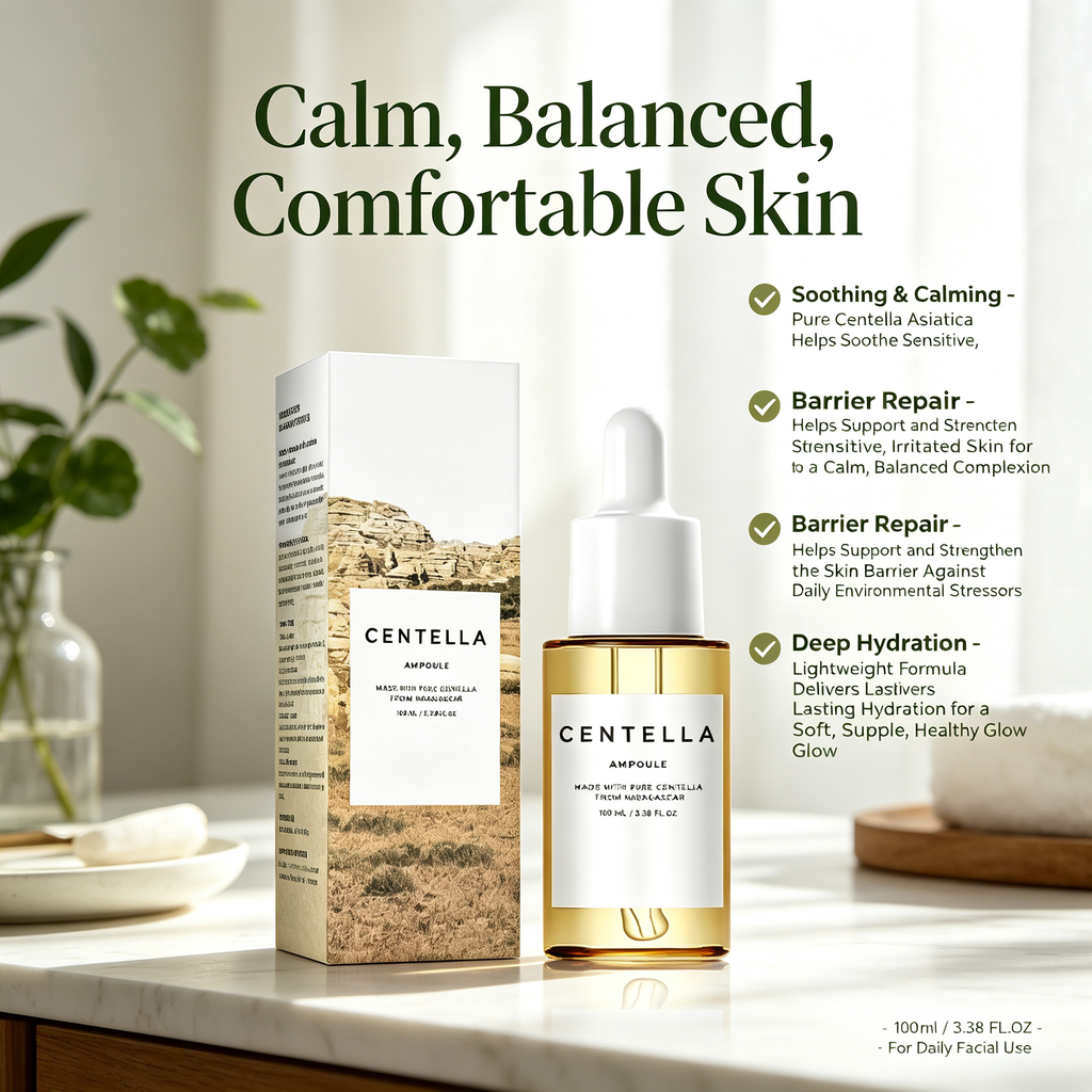 Centella Asiatica Facial Serum 100ml, Soothing Calming Skin Care Essence for Sensitive Irritated Skin & Daily Barrier Repair Maintenance