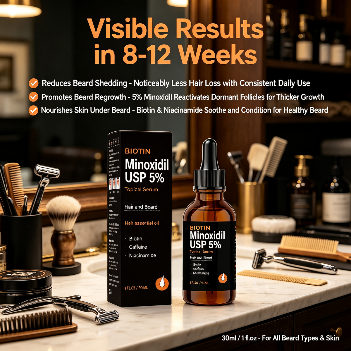 5% Beard Growth Serum 30ml, Biotin Infused Topical Essence for Beard Follicle Nourishing & Reducing Beard Shedding