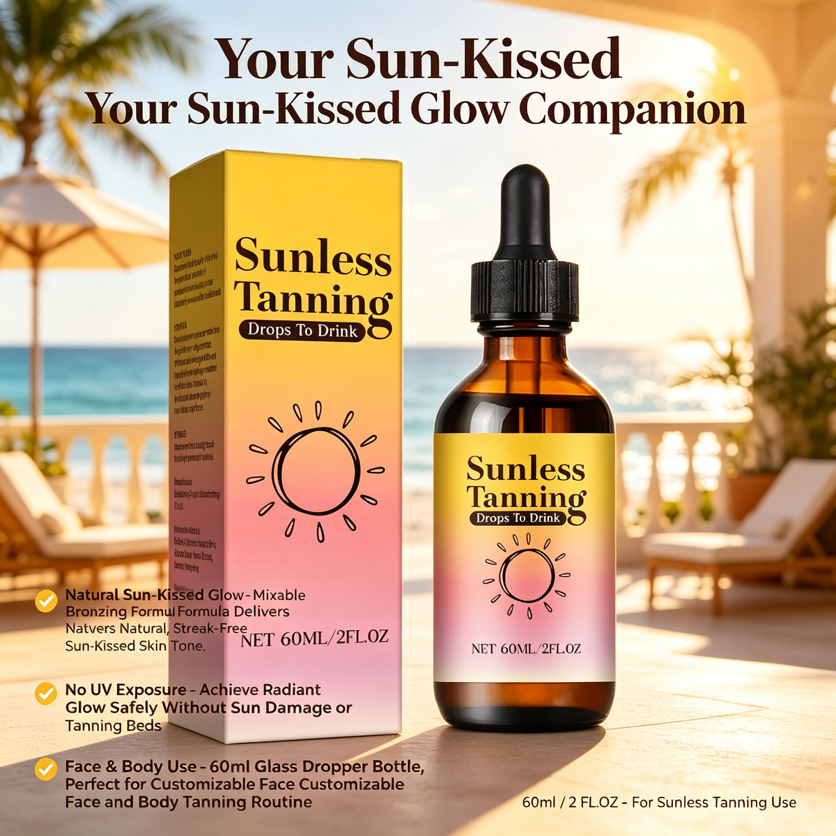 Sunless Self Tanning Drops 60ml, Mixable Bronzing Serum for Natural Sun-Kissed Glow, Face & Body