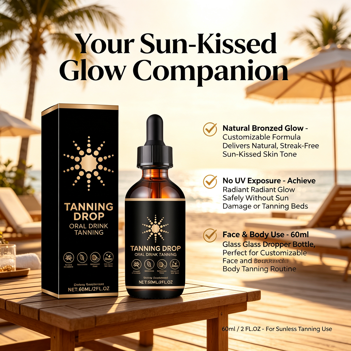 Sunless Tanning Drops 60ml, Customizable Self-Tanning Drops for Natural Bronzed Glow, Mixable Tanning Serum for Face & Body