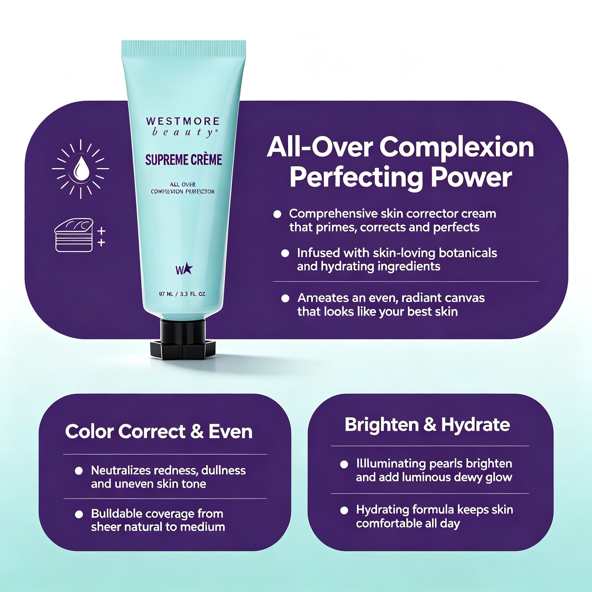 Long Lasting Brightening CC Concealer Cream 97ml, Lightweight All-Day Coverage Color Correcting Base Makeup for Natural Luminous Skin Tone Daily Face Makeup