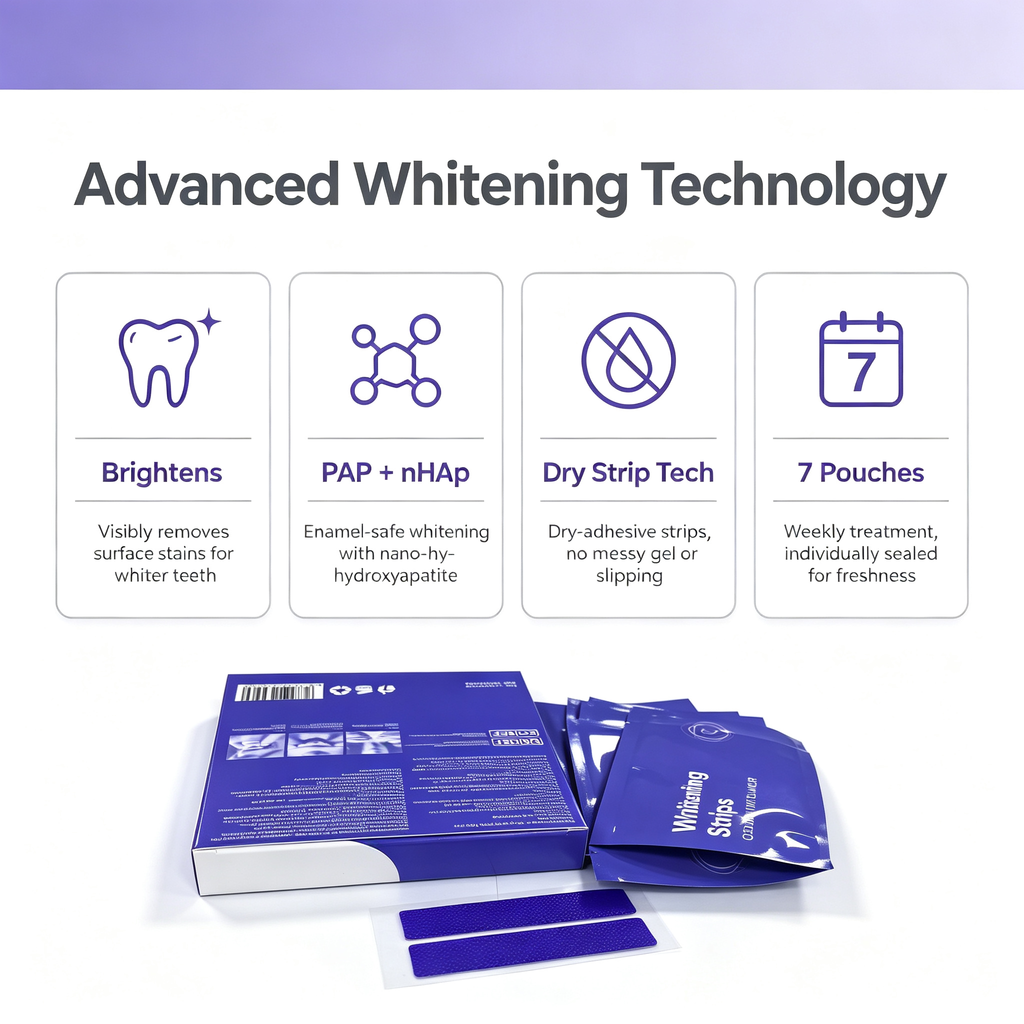 Dry Teeth Whitening Strips 7 Pouches, Disposable Oral Care Strips for Surface Stain Removal & Bright Teeth